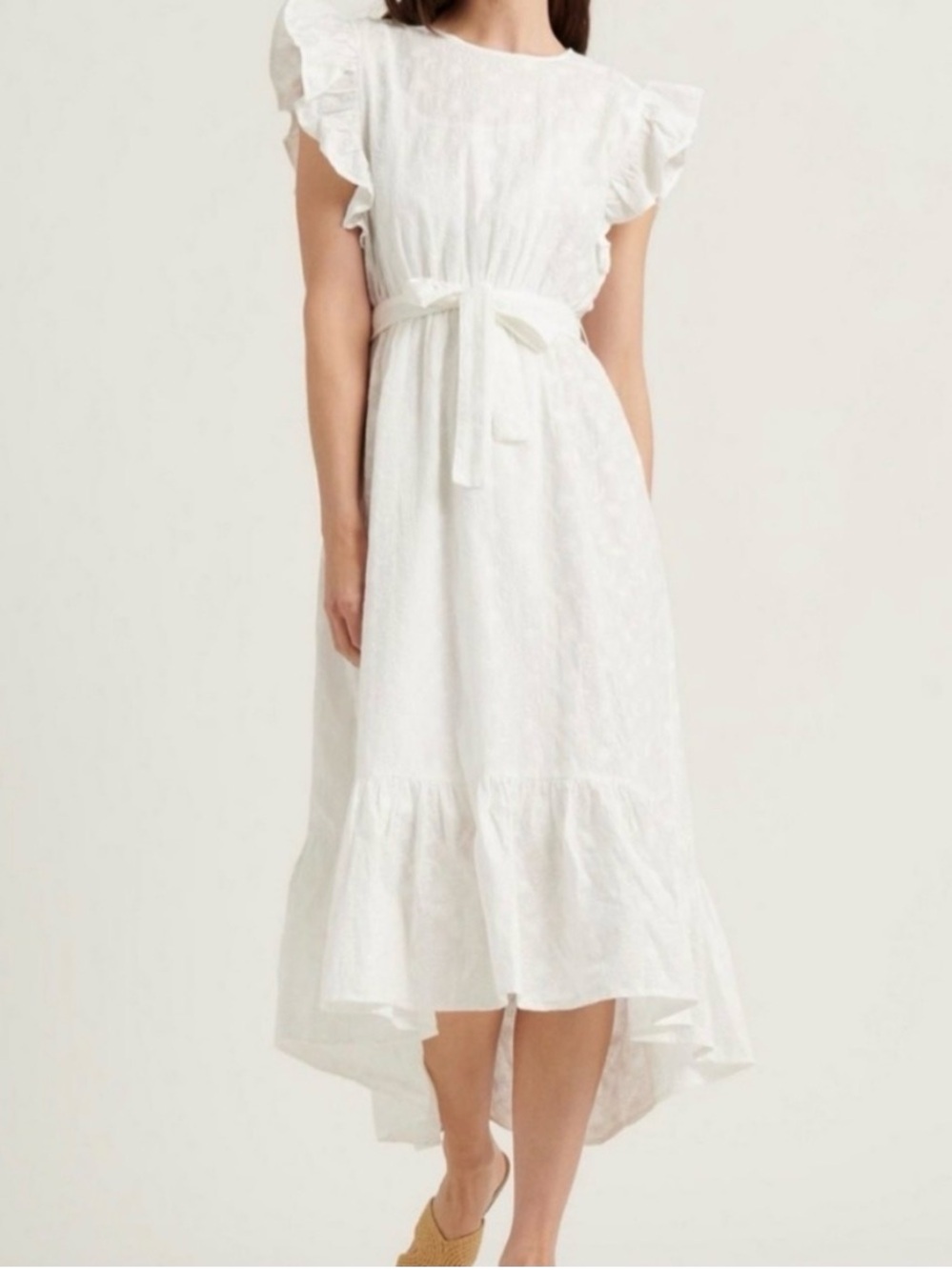 Lucky Brand Embroidered White High-Low Ruffle Midi Dress small